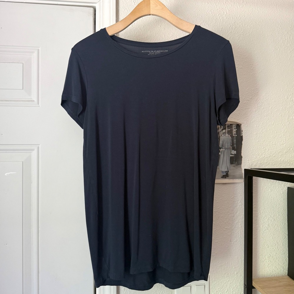 MAJESTIC FILATURES navy blue crew neck knit short sleeve tee t-shirt